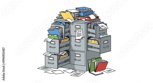 A messy stack of grey filing cabinets overflowing with various colorful folders and loose papers, illustrating disorganization.