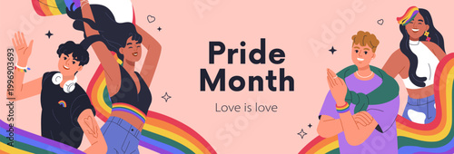 Happy Pride Month, banner design with LGBT people and rainbow. International LGBTQ day celebration, horizontal background with homosexual characters, lesbian, gay persons. Flat vector illustration