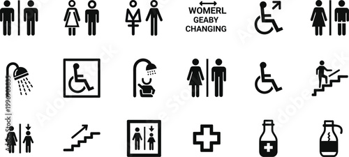 Public restroom and facility icons set, black minimalist wayfinding signs, universal accessibility symbols for bathroom and elevator navigation