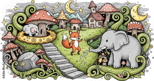Cartoon Forest Scene Featuring Elephant Fox Houses and Mushrooms