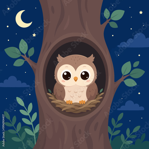 Cute Owl and Tree Nest