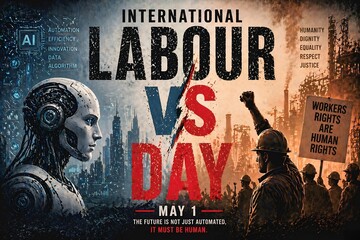 AI vs workers future concept with robot and protest crowd for International Labour Day
