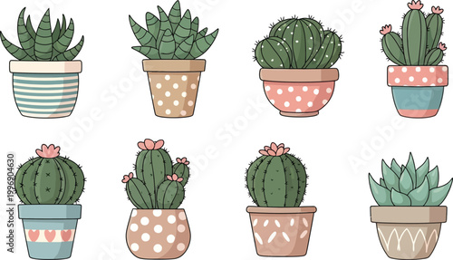 Adorable collection of assorted potted succulent and cactus vector illustrations