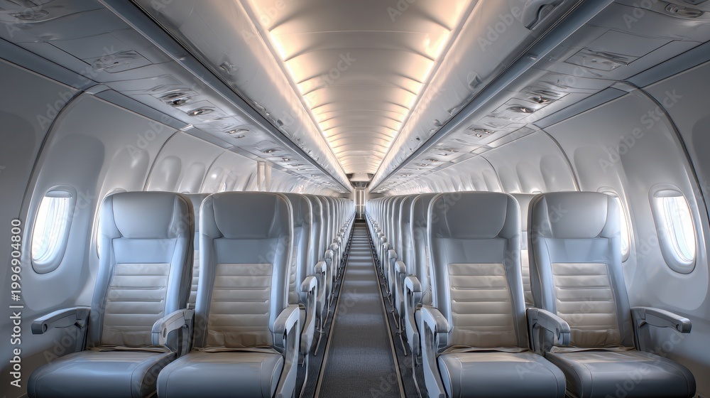 Obraz premium Empty commercial airplane cabin with unoccupied seats and calm lighting