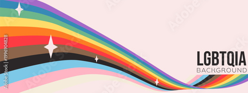 Intersectional Progress Pride background with waving inclusive rainbow. Queer LGBTQIA banner with transgender and BIPOC colors and y2k sparkles for inclusive marketing and social media. Vector.