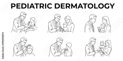 Simple vector illustration set of people Line art including family and doctor figures in Pediatric dermatology case