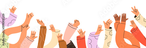 Fotografie Hands raised up, greeting waving gesture, banner design