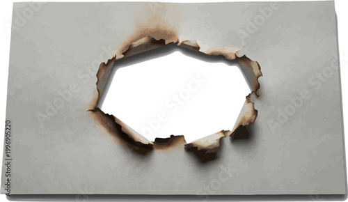 Burned torn paper hole vector illustration with blank center and charred edges for design overlays