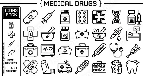 Medical drugs line art vector set with pharmacy symbols isolated for healthcare app layouts