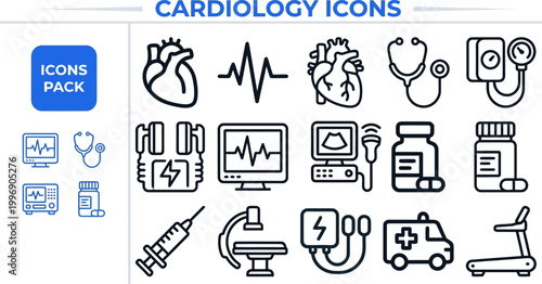 Tableau sur toile Cardiology and Heart Health outline icon set