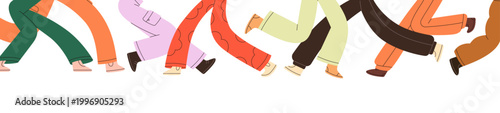 Diverse people legs walking, running, banner design. Crowd rushing, horizontal border, edge. Abstract men, women feet in fast movement, motion. Flat vector illustration isolated on white background