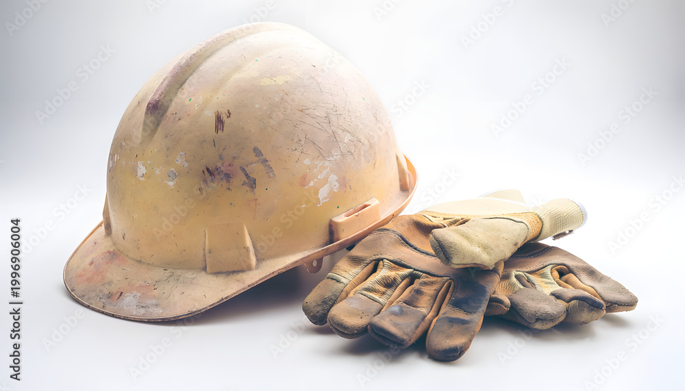 Fototapeta premium Worn yellow hard hat and dirty leather work gloves on a white background.