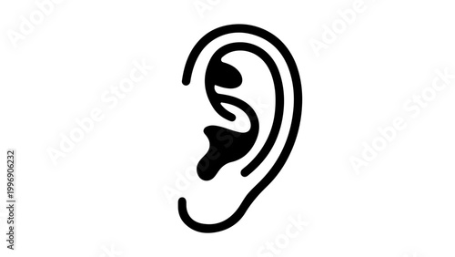 A simple black line art illustration of a human ear on a plain white background using thick strokes to define outer and inner anatomy in a clean professional style.