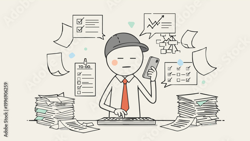 Businessman on the phone in an office surrounded by piles of paper and to-do lists, representing the challenges of modern work