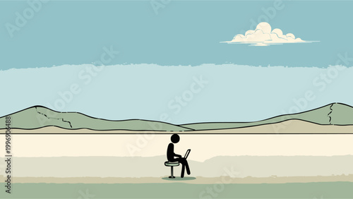 A solitary stick figure sits on a chair with a laptop, gazing at a distant mountain range under a clear sky