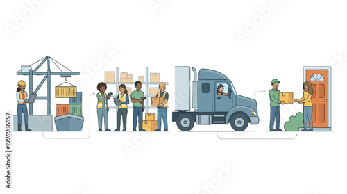 Logistics and supply chain management process illustration showing shipping industry stages from cargo port and warehouse storage to truck transport and home delivery