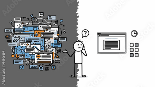 Navigating the digital dilemma A stick figure grapples with overwhelming information complexity versus the allure of streamlined simplicity in user experience design