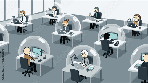 Illustration of people working in individual social distancing bubbles in an office environment