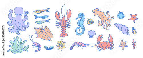 Cute sea animals elements set with octopus, lobster, crab and fish in pastel colors. Hand drawn naive style flat vector illustration, perfect for kids design, stickers or pattern creation.