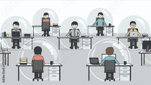 Conceptual illustration modern office employees work in individual protective bubbles, ensuring social distancing and health safety in the workplace