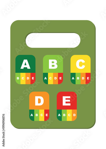 A set of colorful nutritional score icons from A to E used for ranking food healthiness on a scale from dark green to bright red.