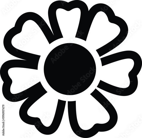 Black and white of a stylized flower with eight petals and a circular center symbol simple