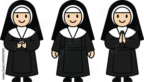 Three cheerful vector nun characters in traditional religious habits illustration