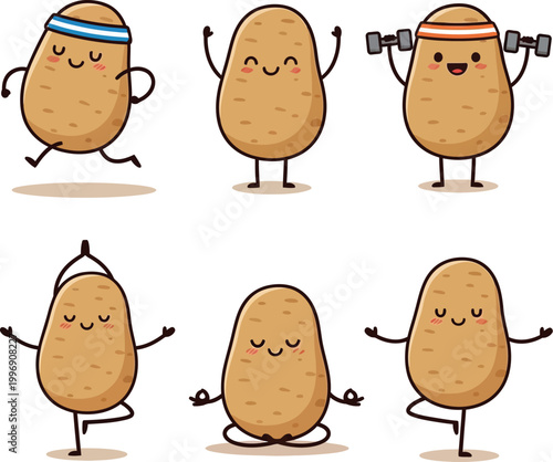 Cute vector graphic illustration of potatoes exercising and practicing yoga