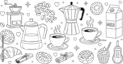 Collection of outline vector graphic elements for coffee shop design