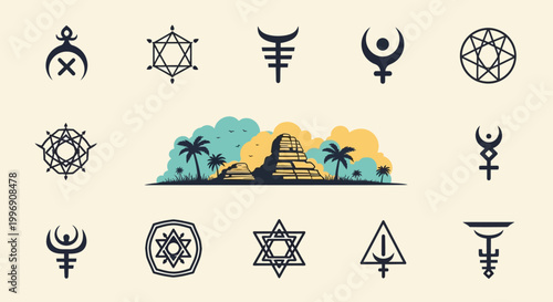 Set of Esoteric Occult Symbols and Ancient Mayan Pyramid Illustration