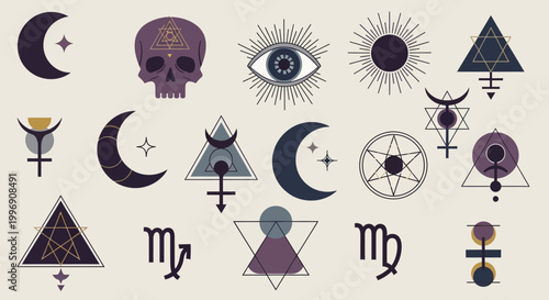 Set of Esoteric and Occult Symbols with Celestial and Geometric Elements