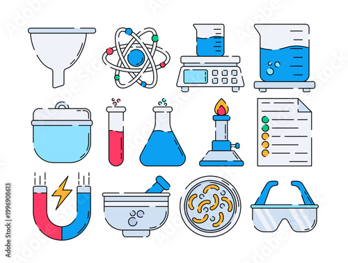 Laboratory Equipment Flat design style, clean science icons including beaker test tube microscope and lab tools ideal for research education chemistry and medical design projects