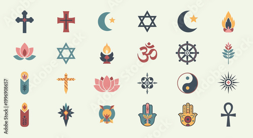 Set of Flat Vector Icons Representing Various World Religions and Spiritual Symbols