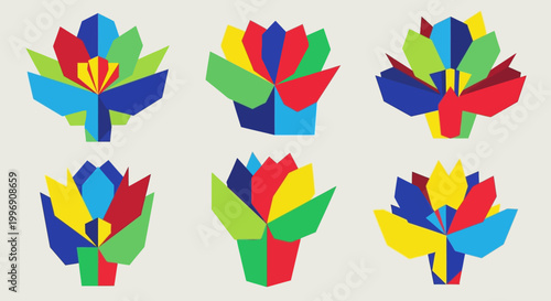 Set of Colorful Geometric Flower Icons and Abstract Floral Shapes
