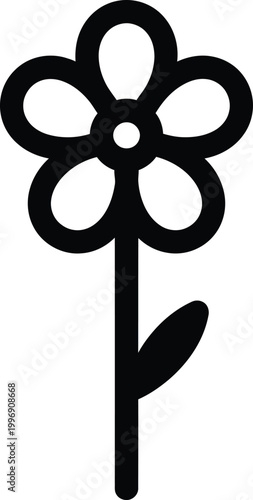 Black outline of a simple five-petal flower with a stem and leaf on white background