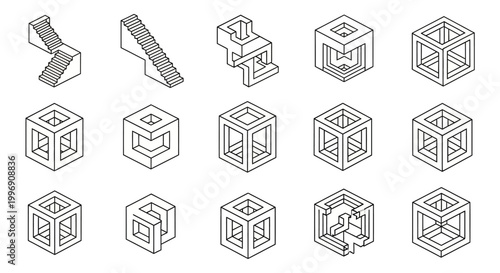 Set of Isometric Impossible Geometric Shapes and Optical Illusion Cubes