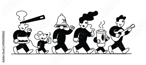 Cartoon Characters Marching Line Vector Illustration