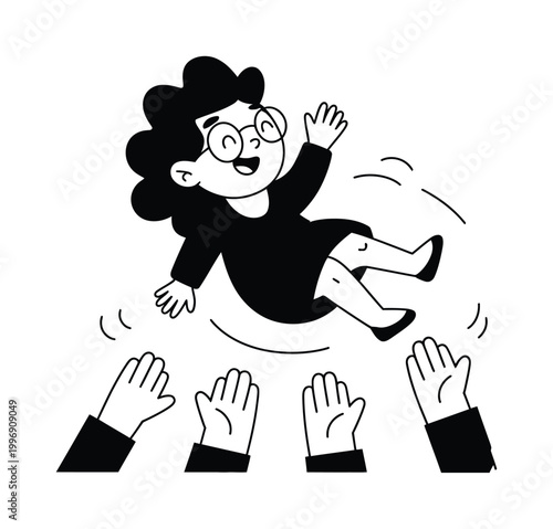 Cartoon Woman Floating Above Hands Vector Illustration