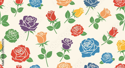 A vibrant and colorful seamless pattern featuring an array of beautifully illustrated roses in various hues, perfect for decorative and design applications