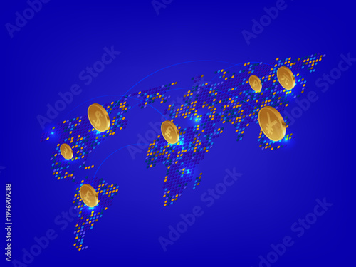 Global economy and fintech connectivity, world map made of dots with floating currency symbols and data flow lines.