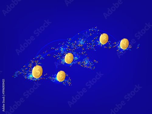 World digital dot map with global currency network, interconnected gold coins on world map for international trade concept.
