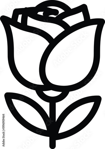 Black outline of a single rose with two leaves on a white background, flower black and white