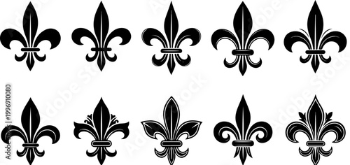 Vintage fleur de lis vector icons set, heraldic lily symbols in black silhouette, 10 royal floral emblems for luxury branding and crest design