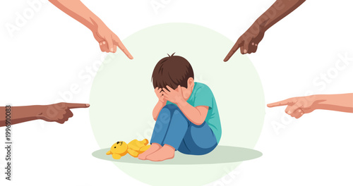 Child bullying and social pressure vector illustration, sad boy crying while hands point fingers at him, psychological trauma and harassment concept