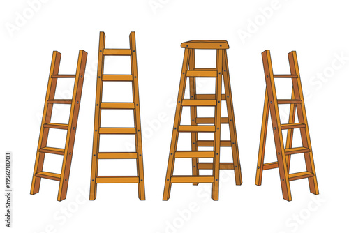 Clean vector illustration set of wooden ladders in various styles including step ladder and folding ladder. Ideal for construction, DIY, and home improvement concepts.