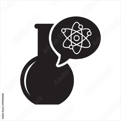 Black silhouette of a laboratory flask with a speech bubble containing an atomic structure symbol on a white background
