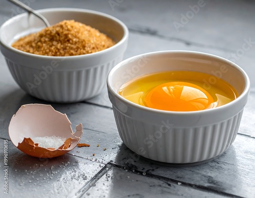 Close-up of food prep. Two white bowls contain ingredients. One holds brown sugar; another, raw egg yolk. Broken shell is near