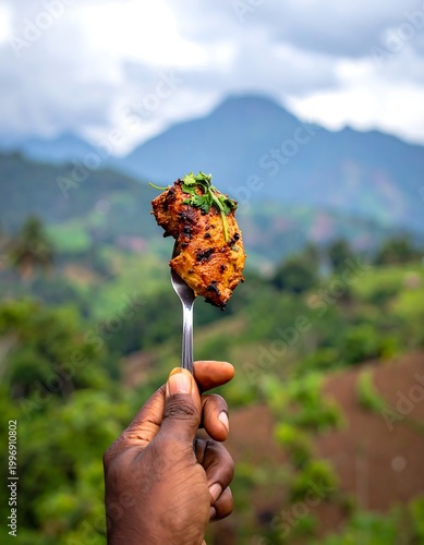 Close-up of food held on a spoon against a blurred backdrop of green hills and distant mountain peaks