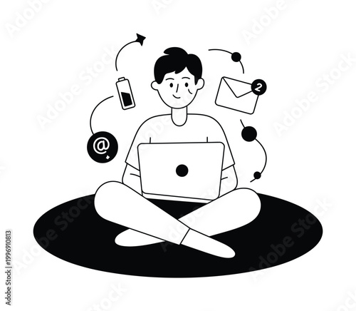 Man Using Laptop with Social Media Icons Vector Illustration