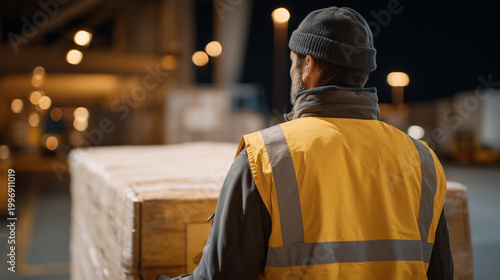 Armed logistics security guard escorting high-value electronics shipment through warehouse checkpoint at night, cargo theft prevention, loss prevention officer, secure freight handling, industrial s